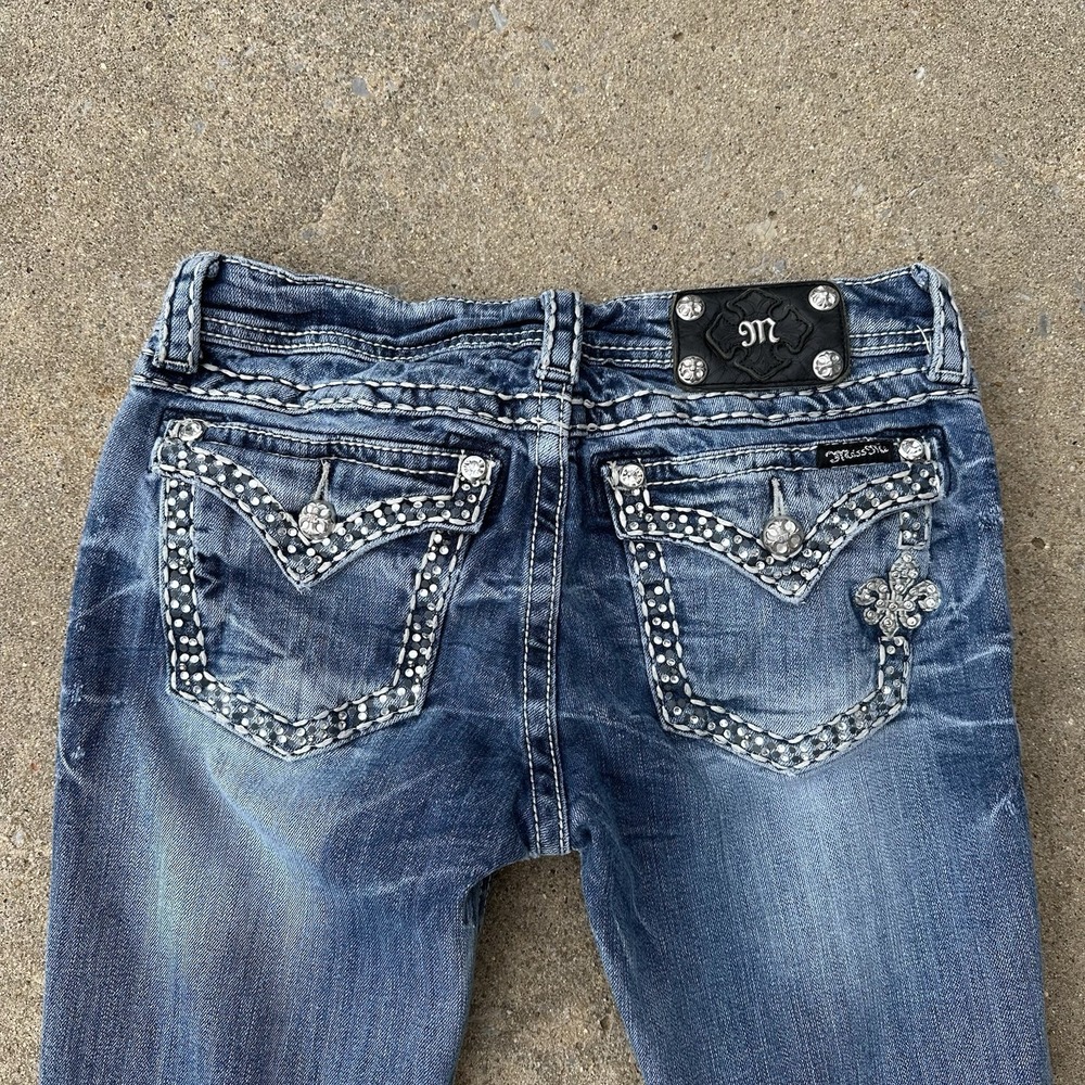 Miss Me Jeans Womens 29 Boot Cut Distressed Thick Stitch Pocket Embellished